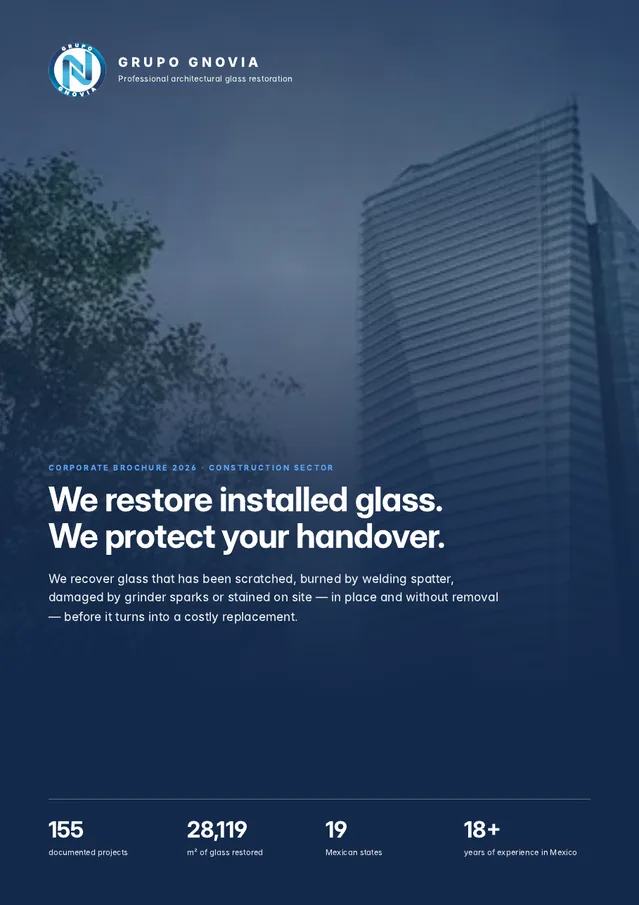 Cover of 2026 Corporate brochure · We restore installed glass. We protect your handover.